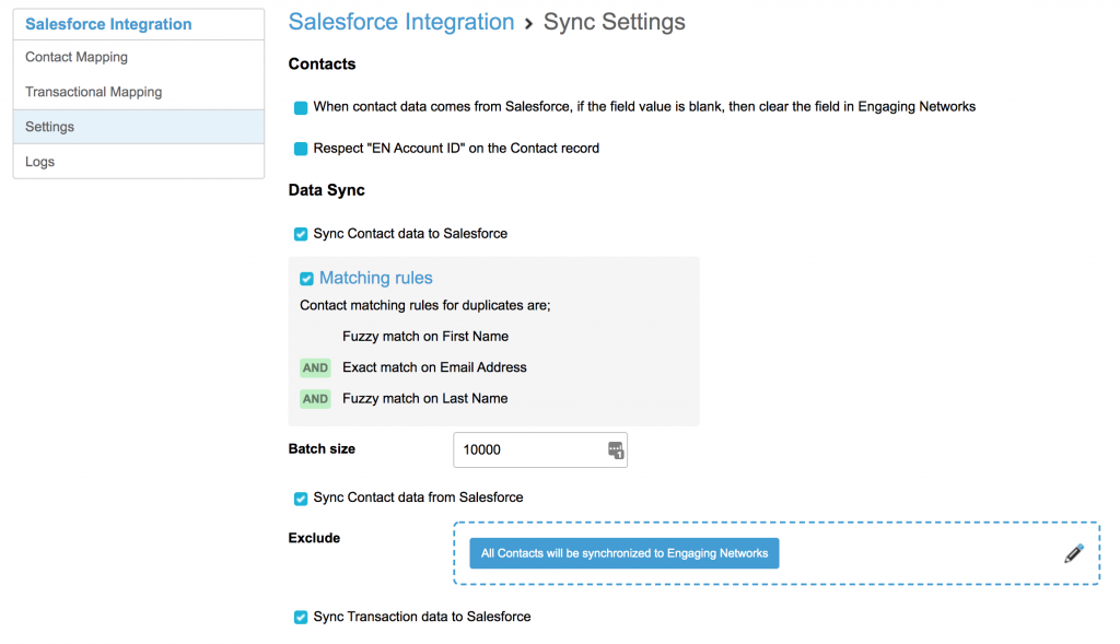 Salesforce sync settings